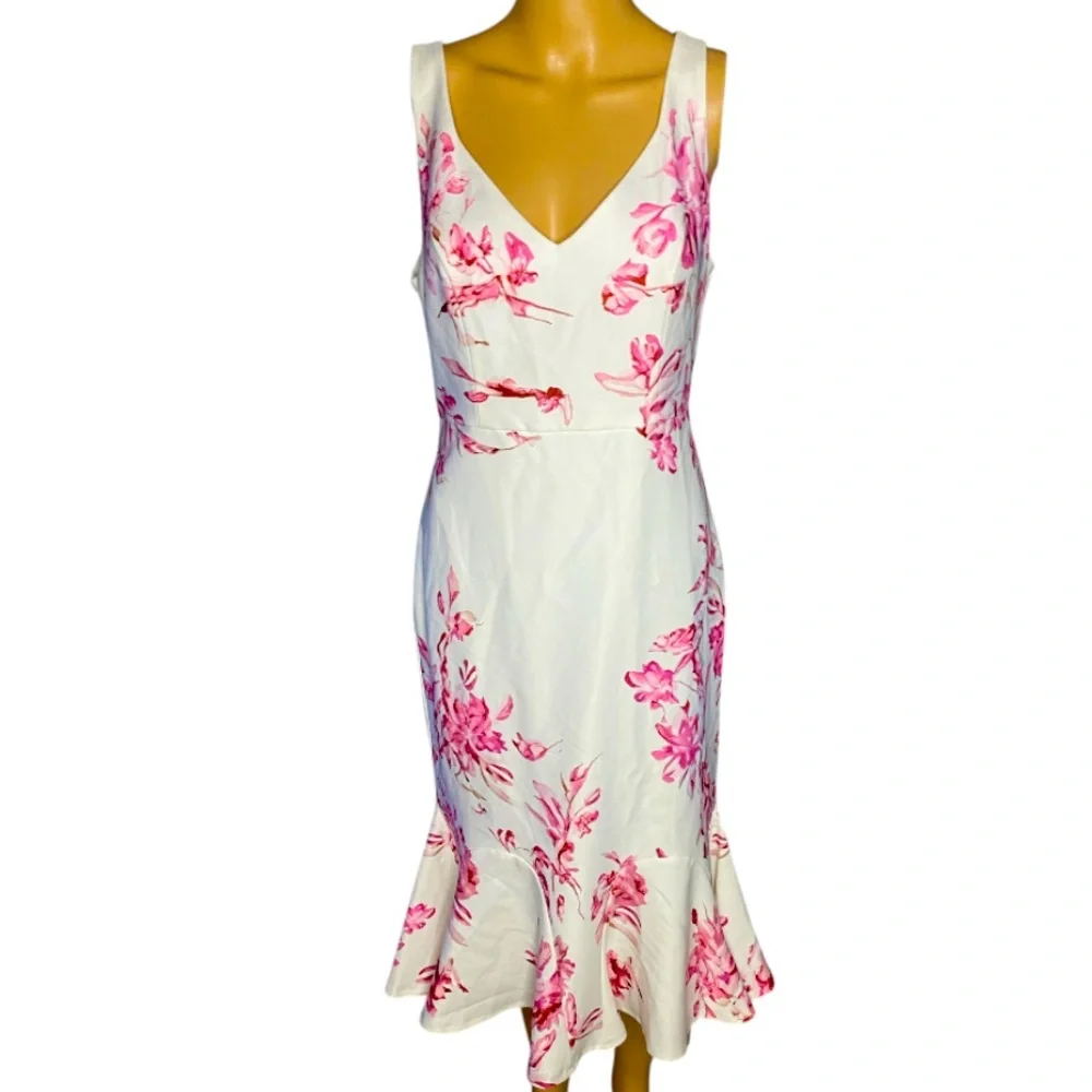 FEHAUTE Pink Floral Mermaid Skirt V Neck Sleeveless Mermaid Midi Dress Size 4 - Picture 7 of 11